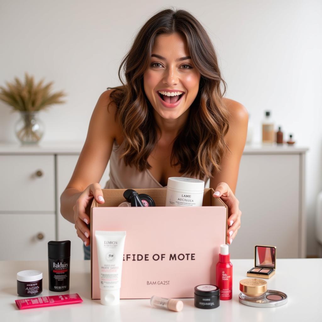 A woman excitedly opening her first month free beauty box, surrounded by various beauty products.