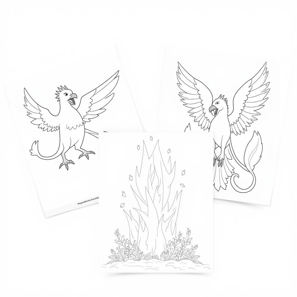 Fantasy coloring pages free and printable, depicting various mythical creatures like griffins and phoenixes.