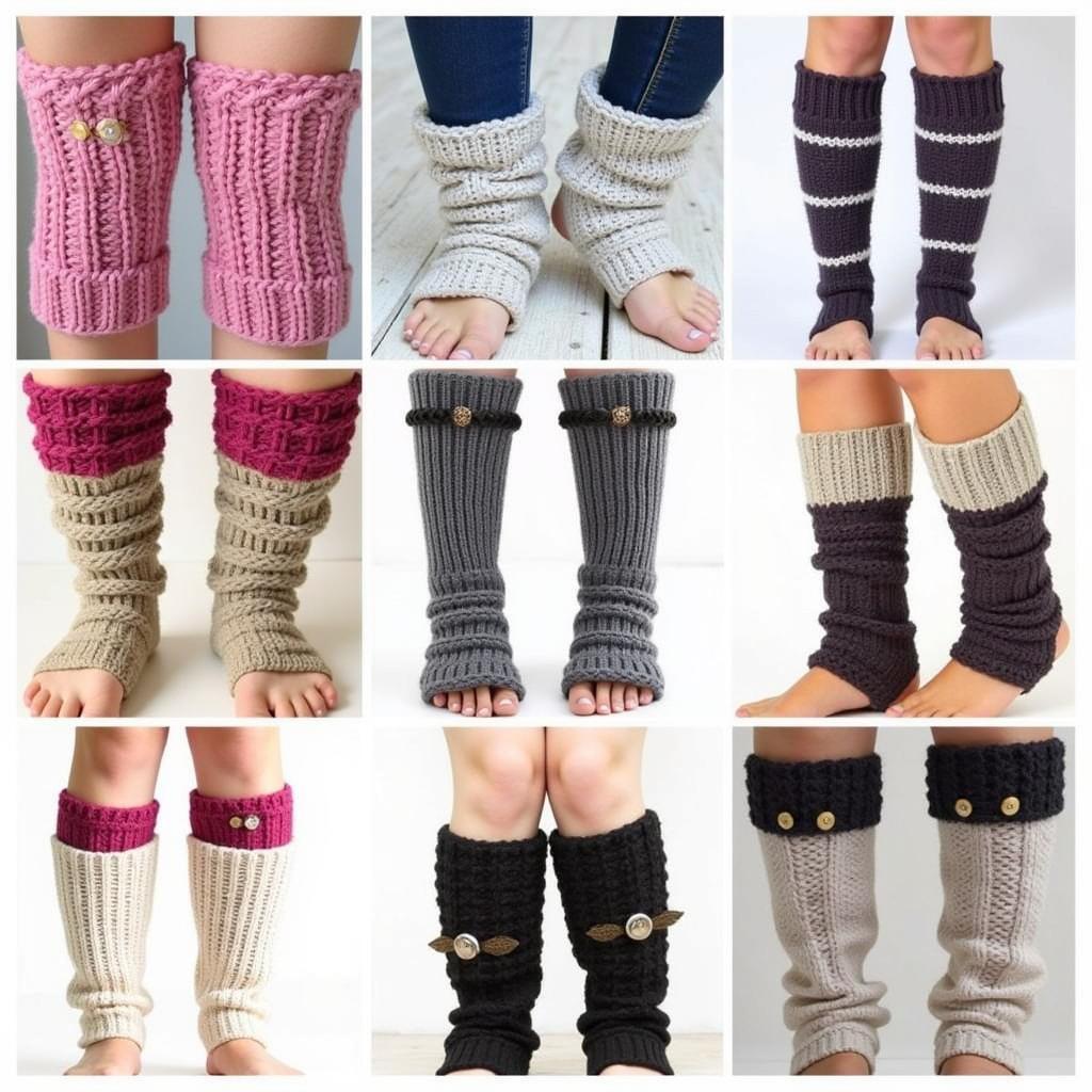 Showcase of finished crochet leg warmers: Displaying a variety of completed leg warmers in different colors, styles, and yarn types.