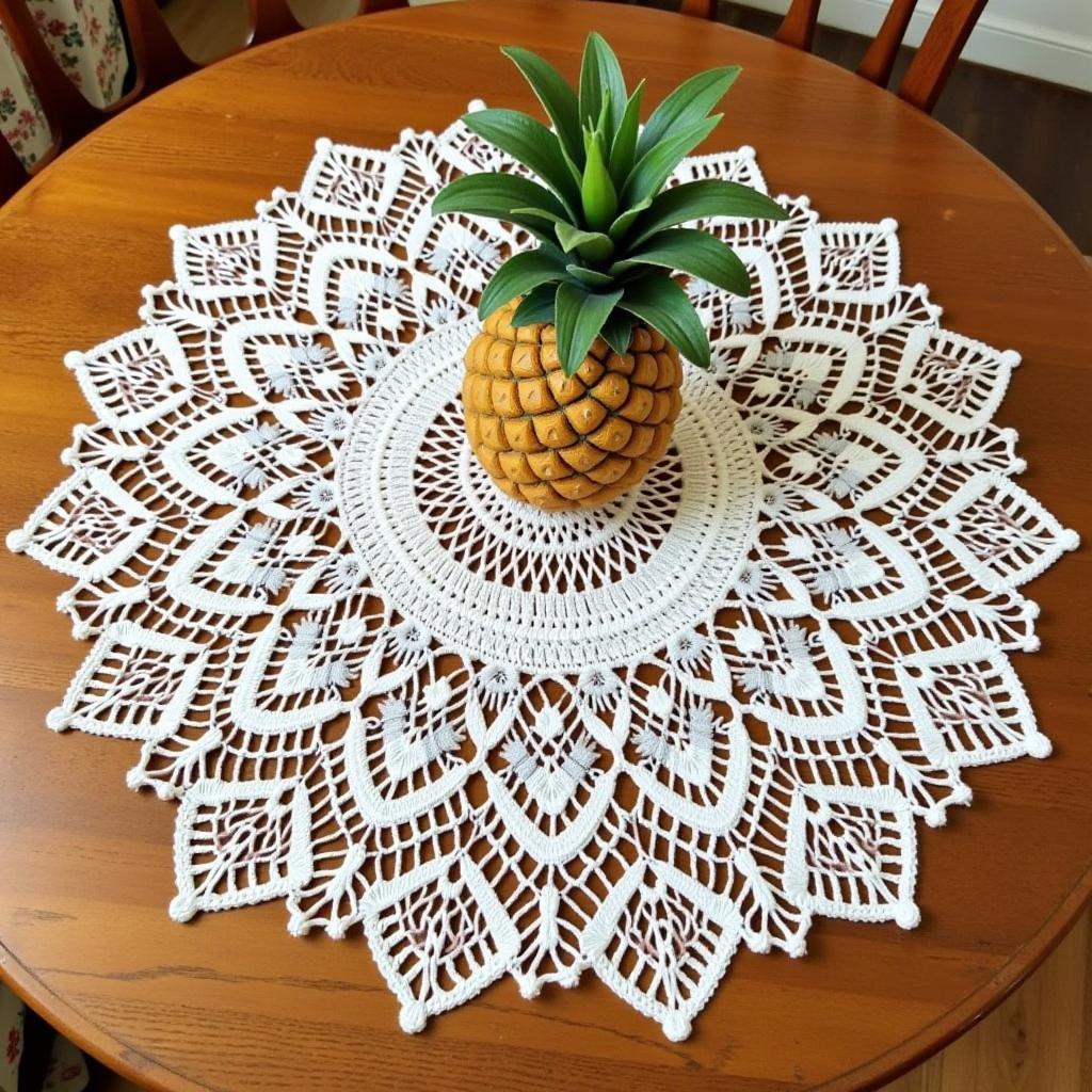 A finished pineapple doily placed on a table as a centerpiece.