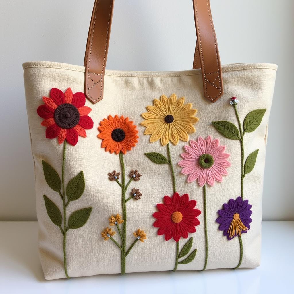 Finished Wool Applique Project: Floral Tote Bag