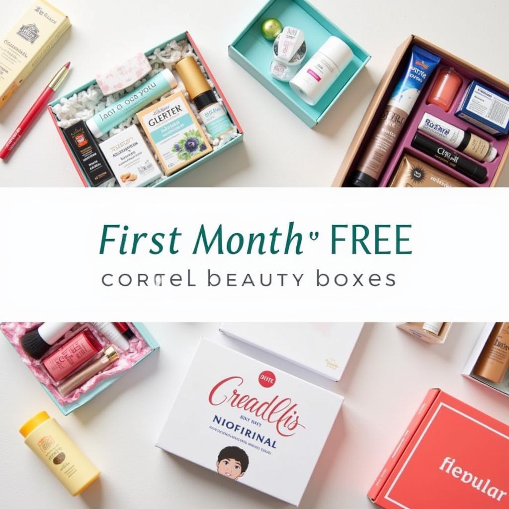 A variety of first month free beauty boxes displayed on a table, showcasing different sizes, colors, and branding.