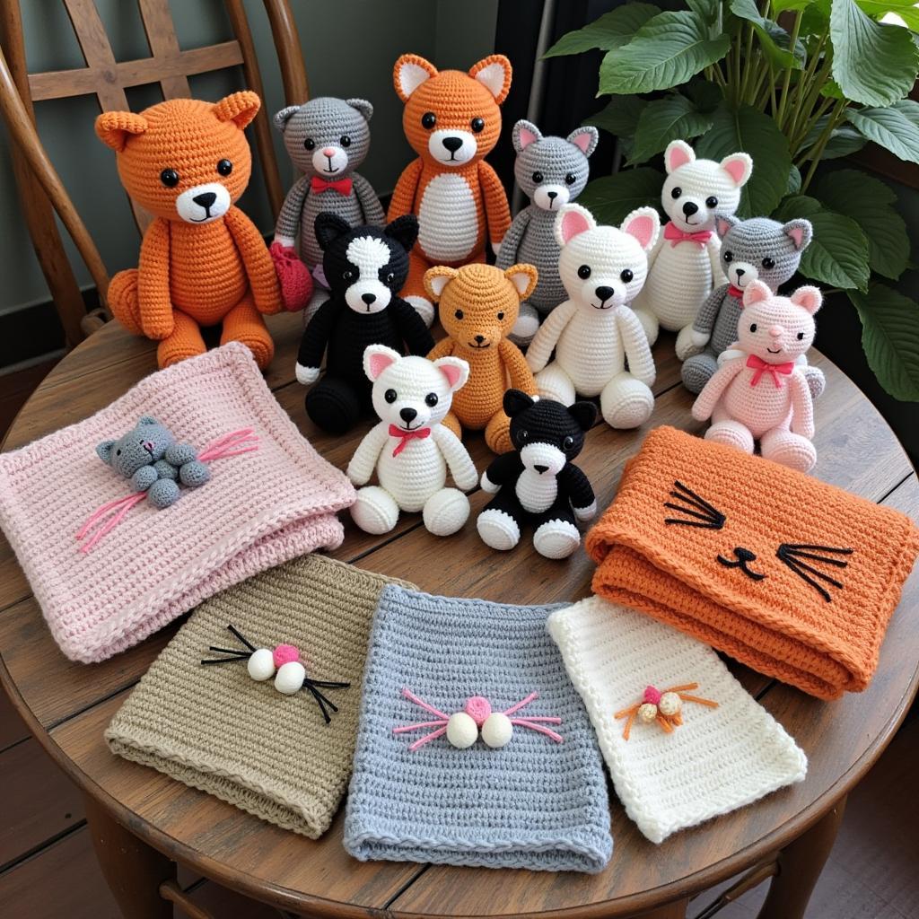 A collection of various crocheted cat toys and amigurumi, displayed on a wooden table.