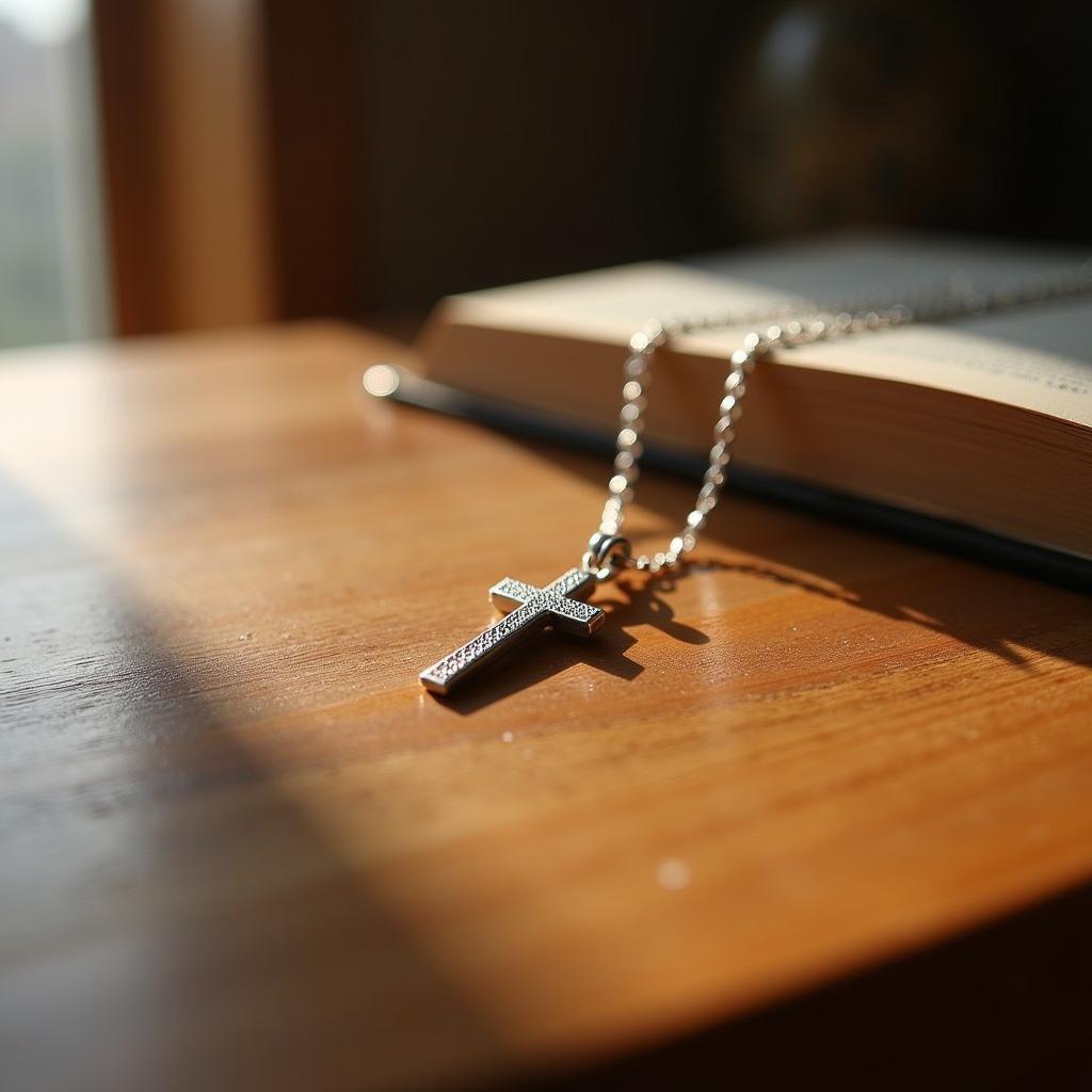 Free Christian cross necklace on a wooden table