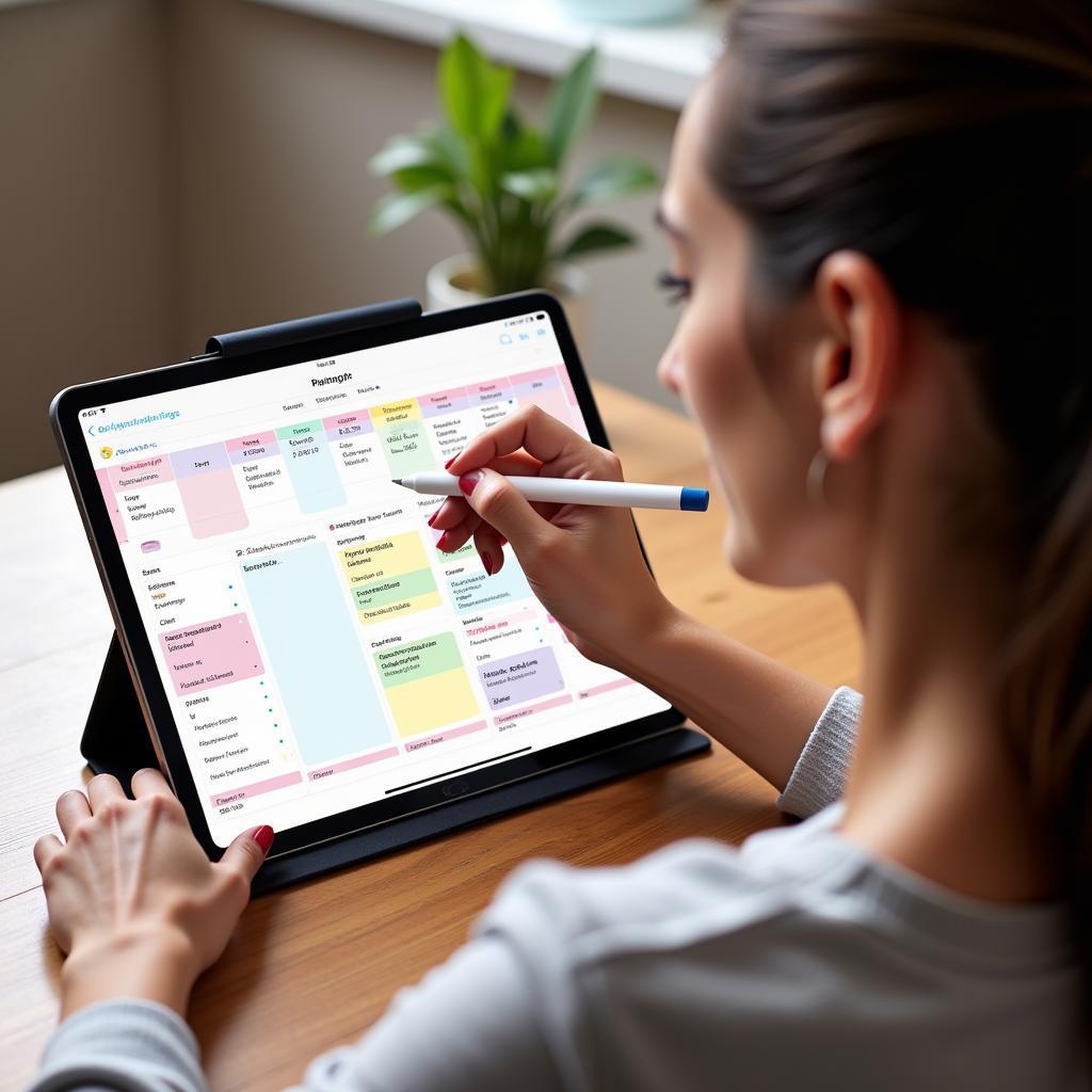 Woman using a free 2023 digital planner on her iPad