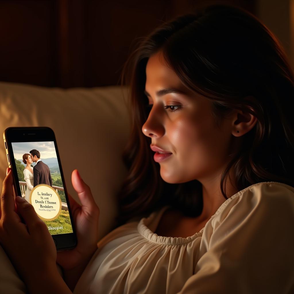 Woman reading a historical romance novel on her phone in bed