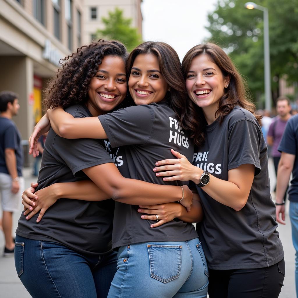 A group of people hugging each other at a free hugs event