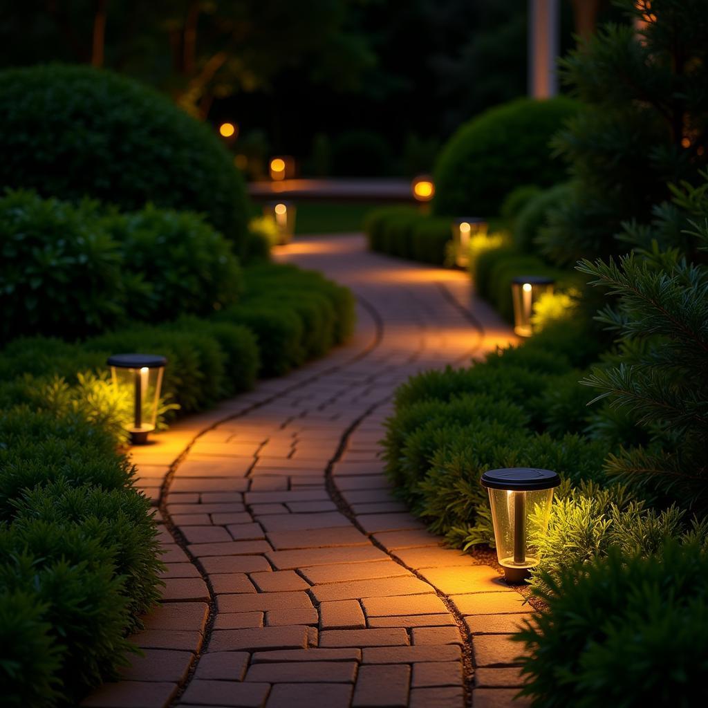 Solar lights illuminating a garden path at night