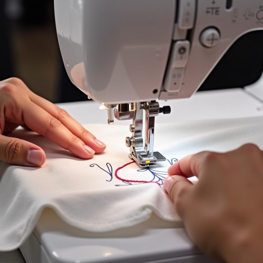 Hands guiding fabric under a free motion embroidery foot