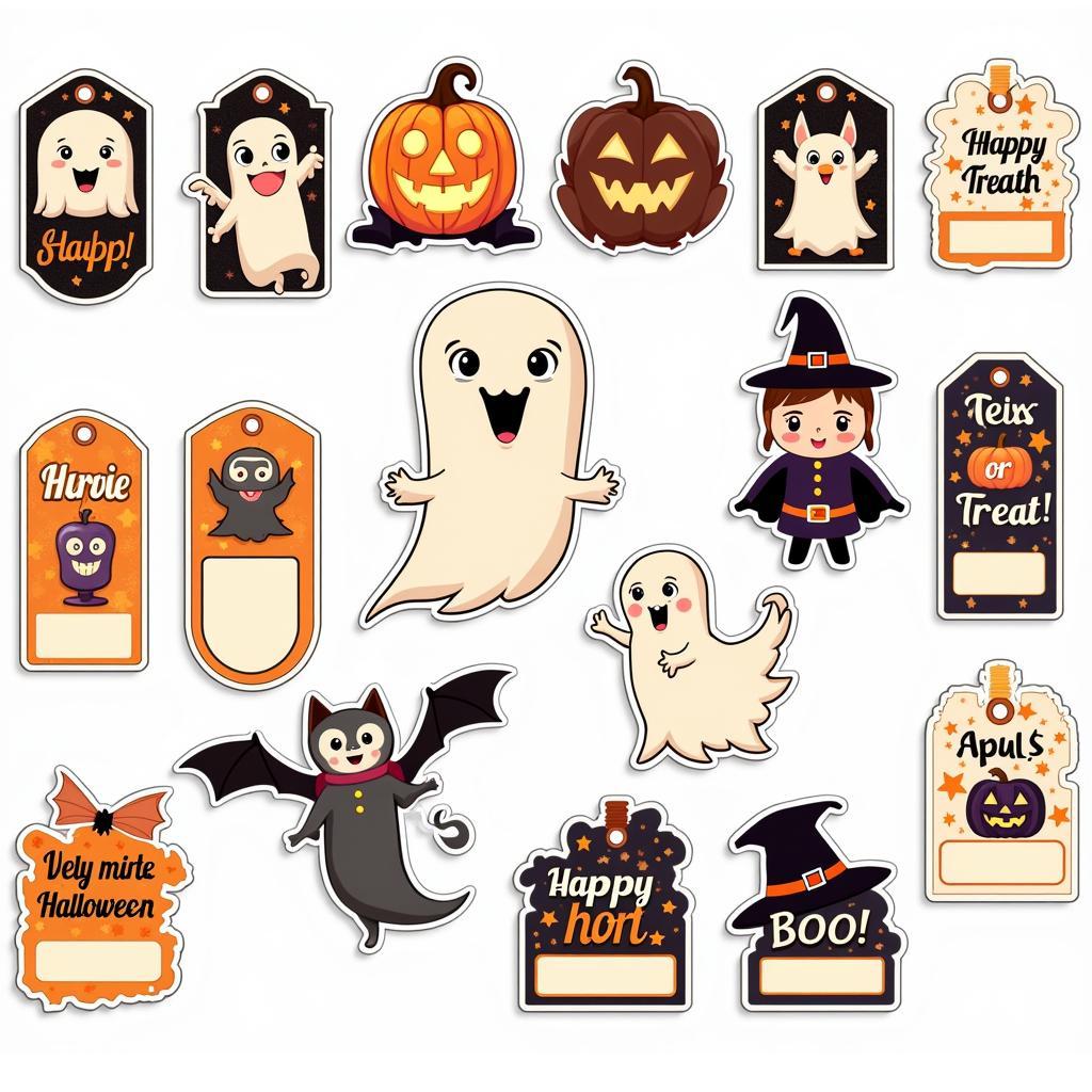 A collection of various free printable Halloween tags featuring different designs, characters, and messages.