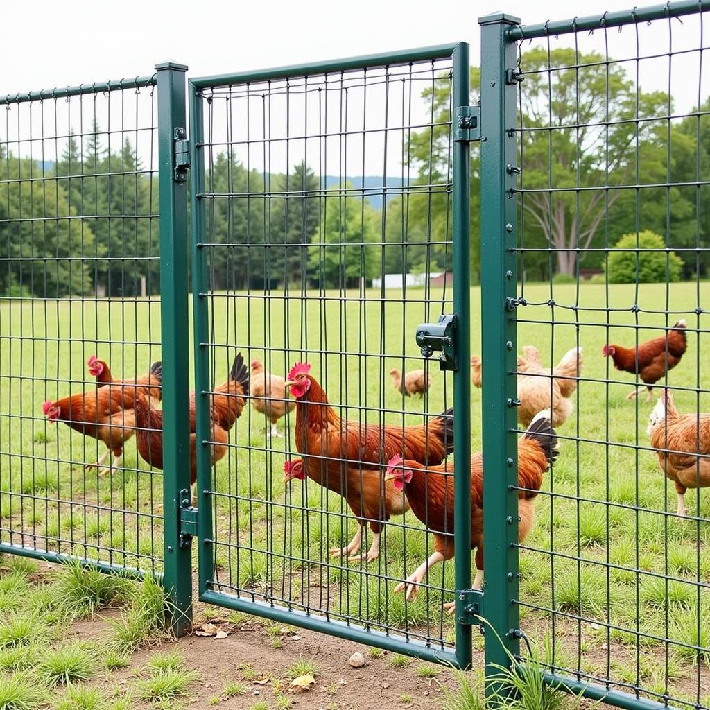 Free-range chickens protected by a fence