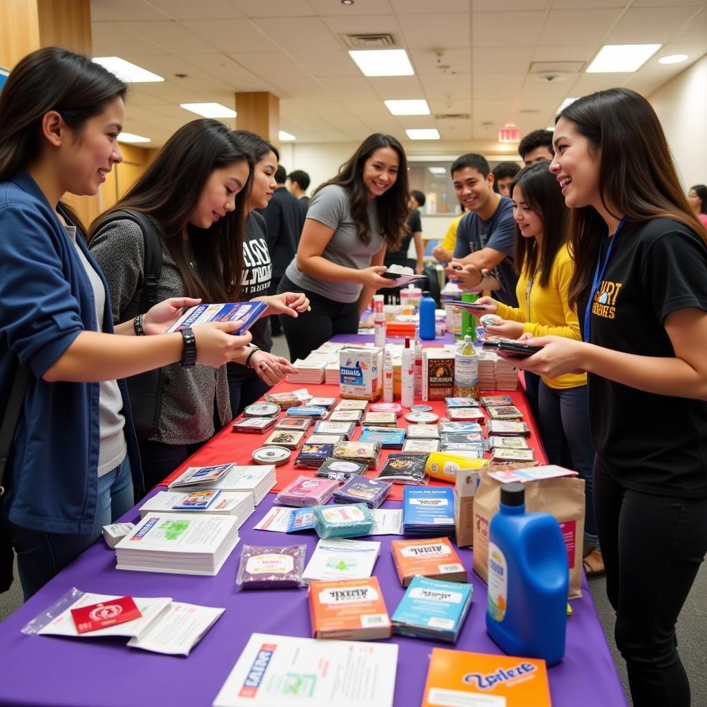 Students gathering free samples at a college event