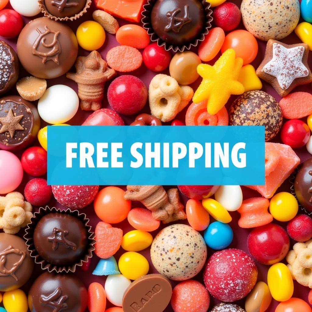 Assorted candies with a "Free Shipping" banner