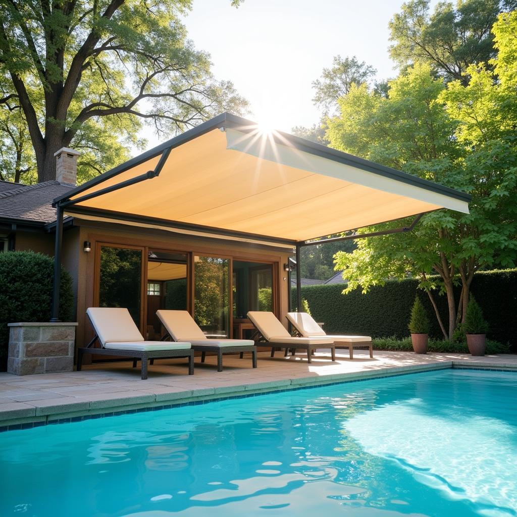 Free-standing awning providing shade by a pool