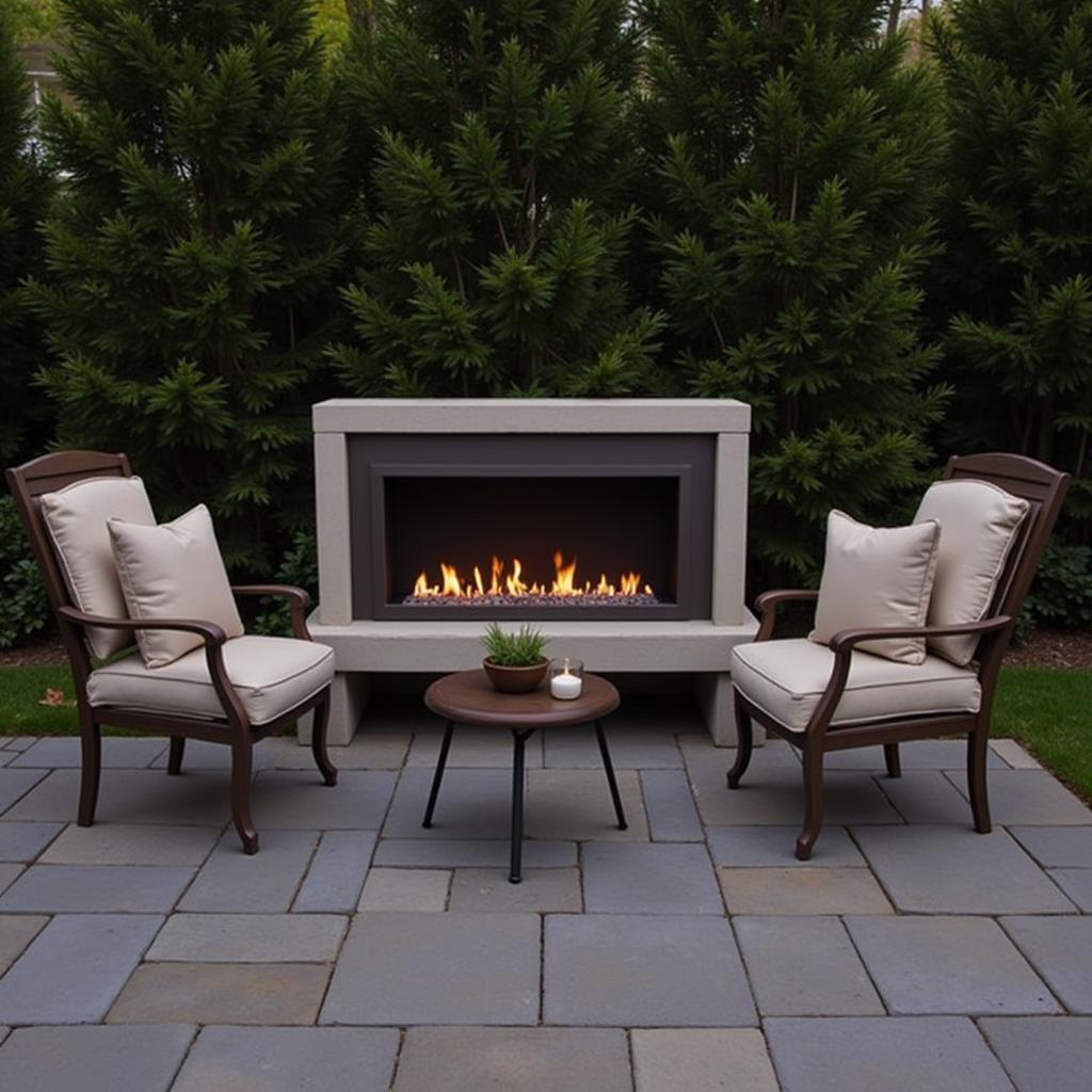 A free standing outdoor gas fireplace on a patio, creating a warm and inviting atmosphere for relaxation.