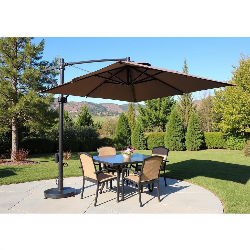 Free standing patio umbrella with a weighted base providing shade on a patio.