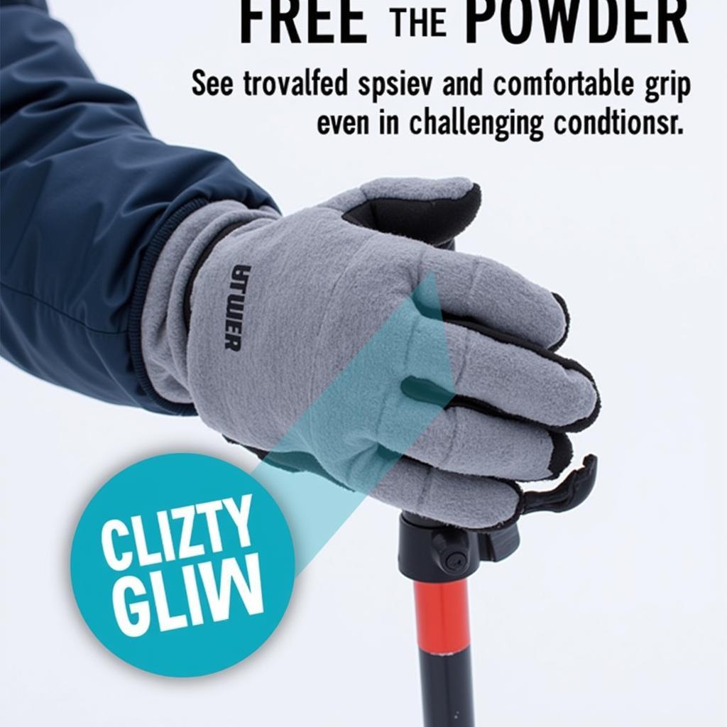 Close-up of a hand wearing Free the Powder Gloves gripping a ski pole