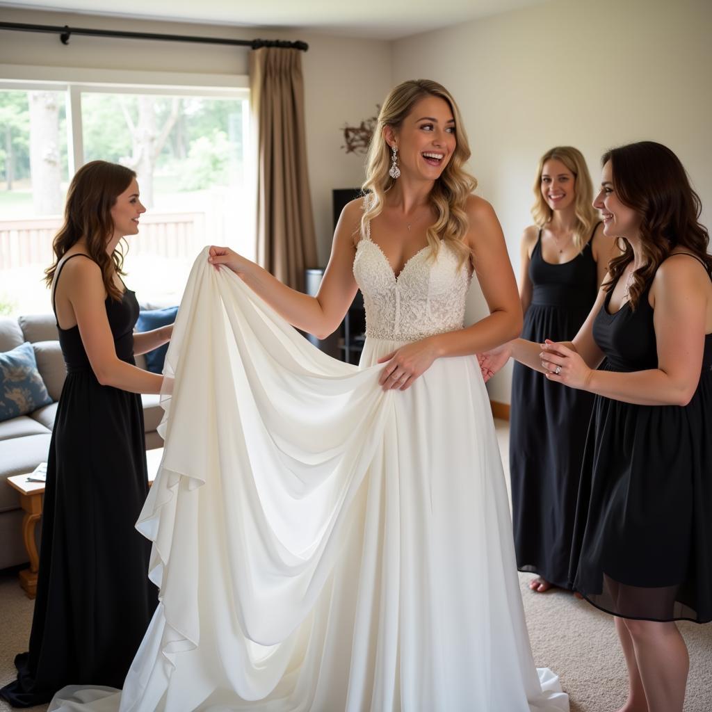 Bride trying on a wedding dress in her living room with friends.