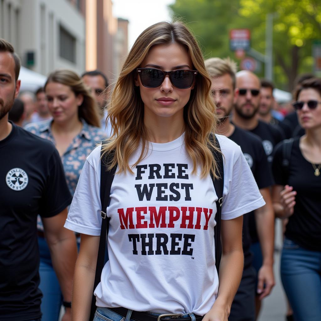 A celebrity wearing a Free West Memphis Three shirt at a public event