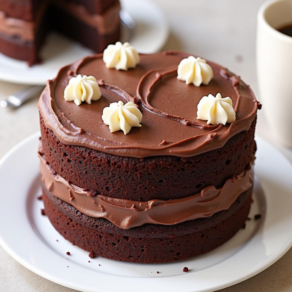 A fully frosted gluten free fudge cake ready to serve