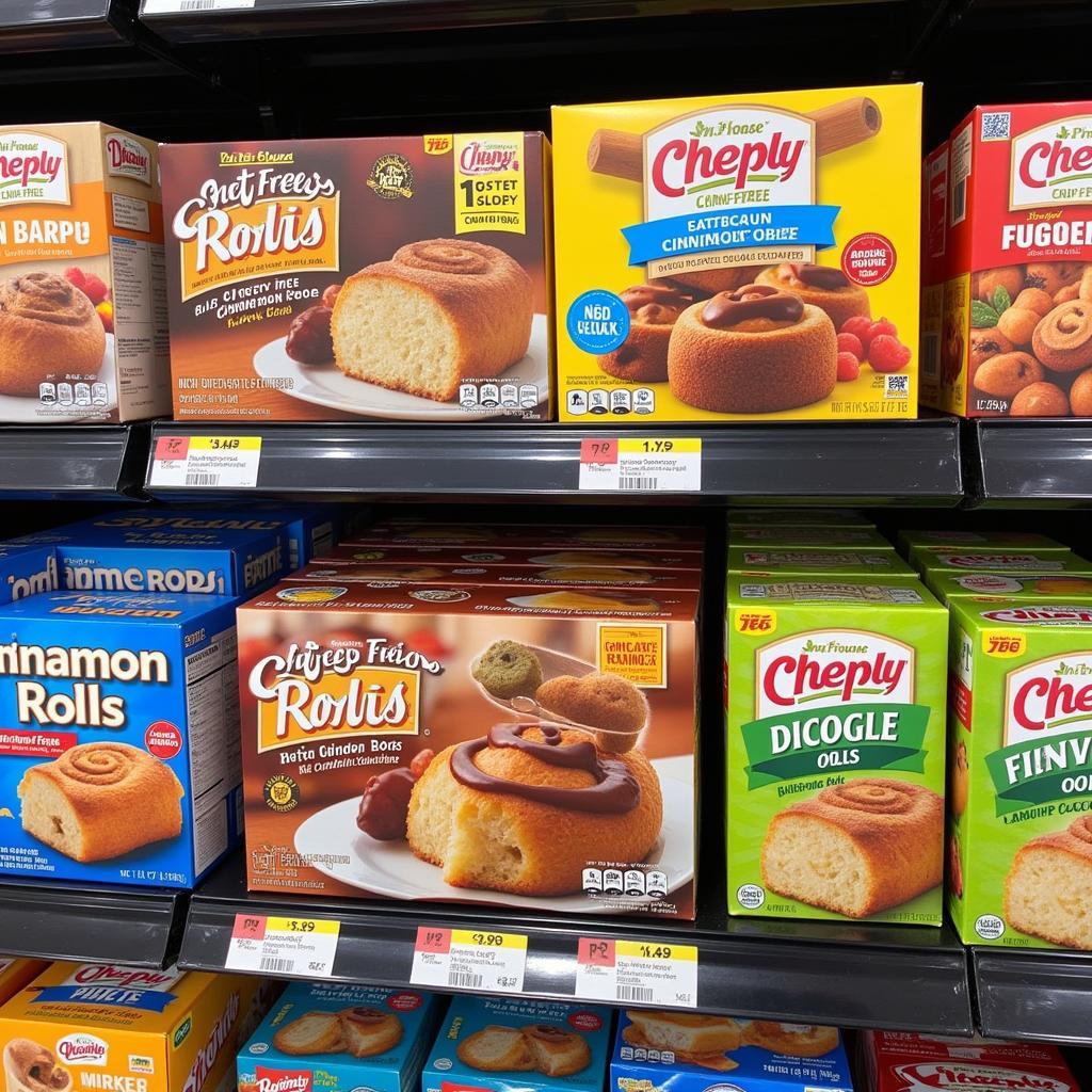 Frozen gluten-free cinnamon rolls displayed in a grocery store freezer aisle.