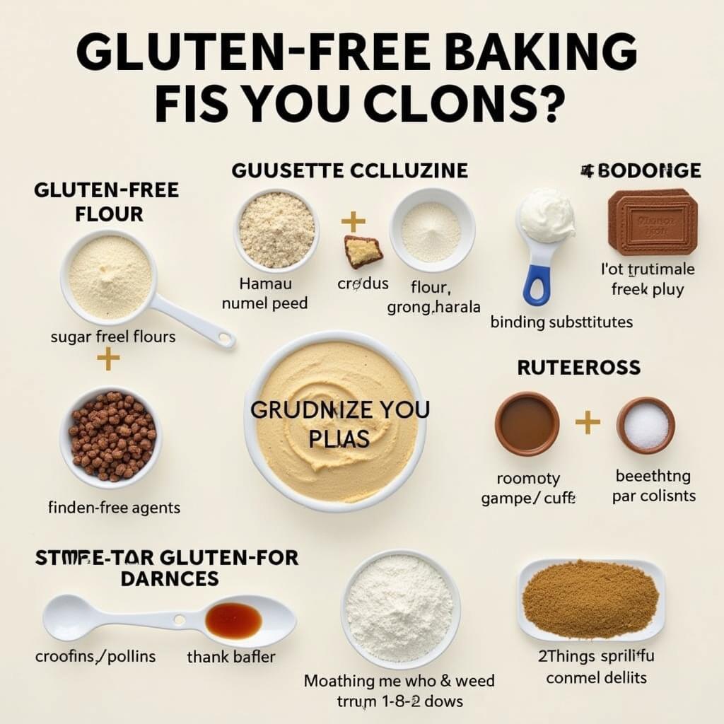 A collection of gluten-free baking ingredients, including flour blends, sugar, and eggs.