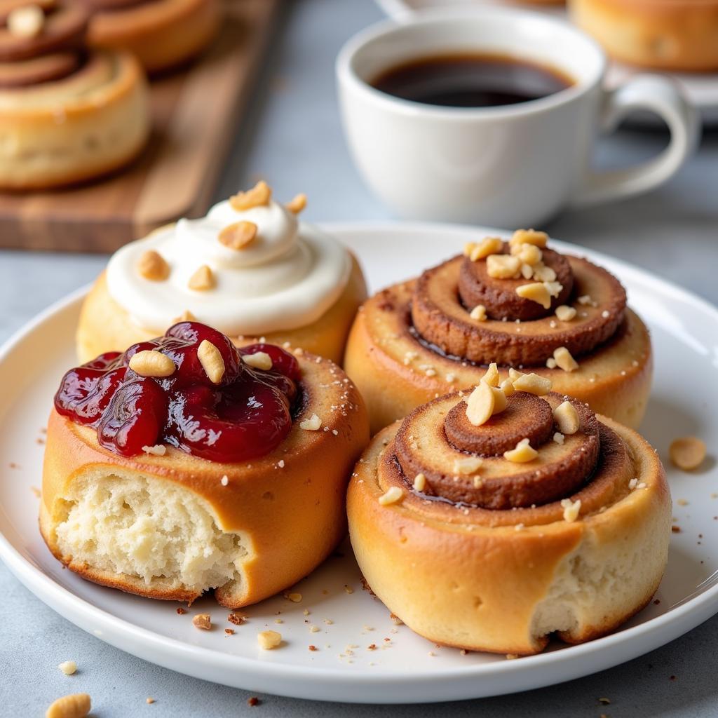 Delicious gluten-free cinnamon rolls with various toppings and a side of coffee.