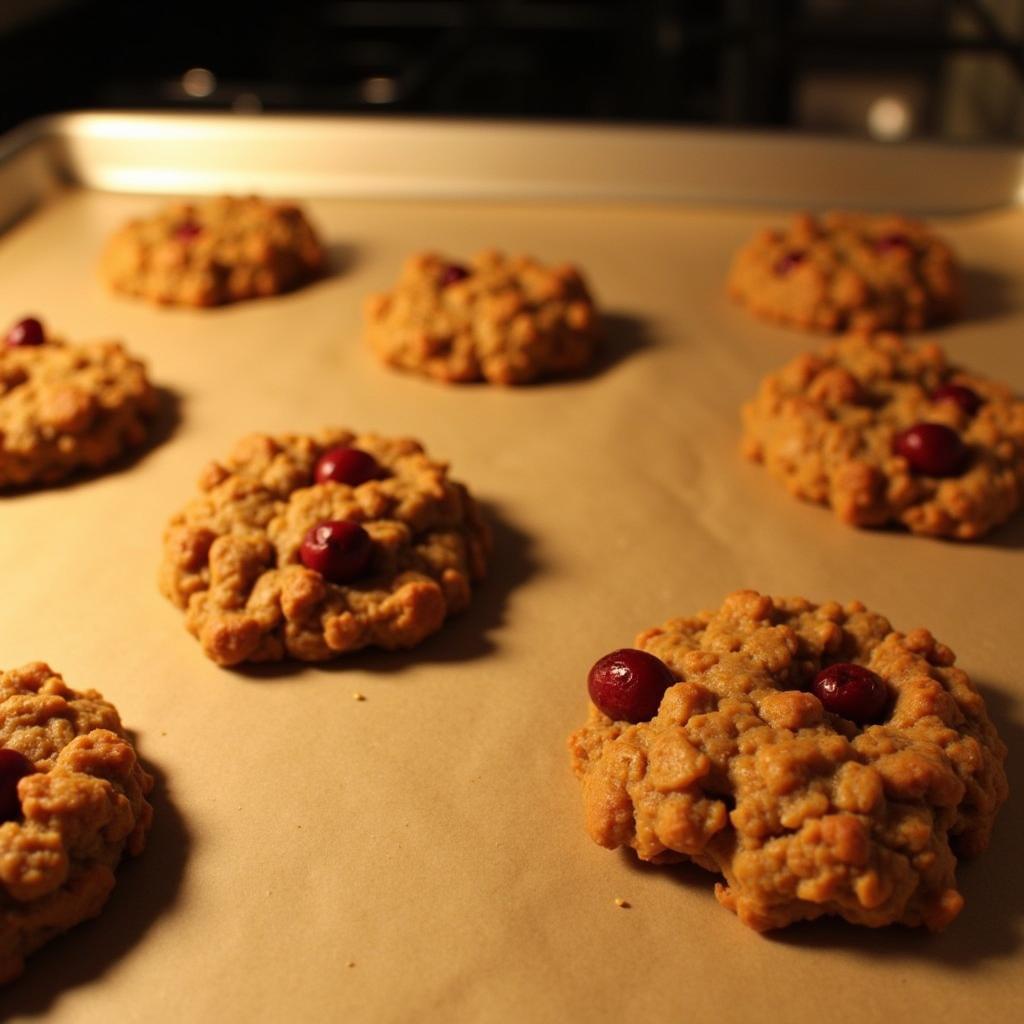 Close-up of gluten-free cranberry oatmeal cookies baking in the oven.