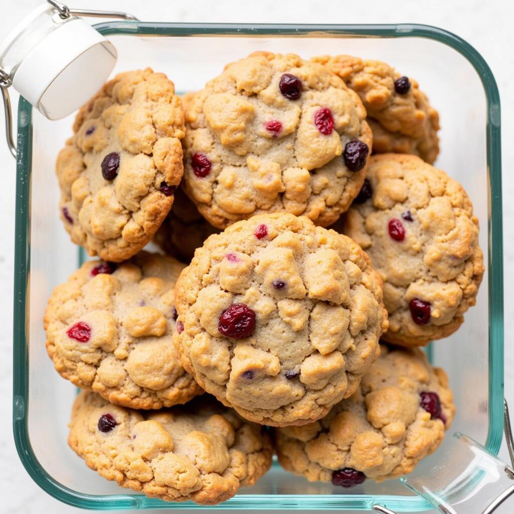 Gluten-free cranberry oatmeal cookies stored in an airtight container.