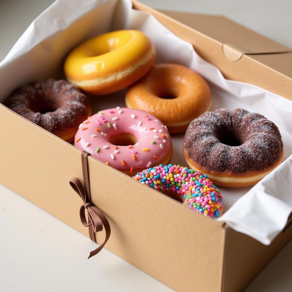 Box of assorted gluten-free donuts ready for delivery.