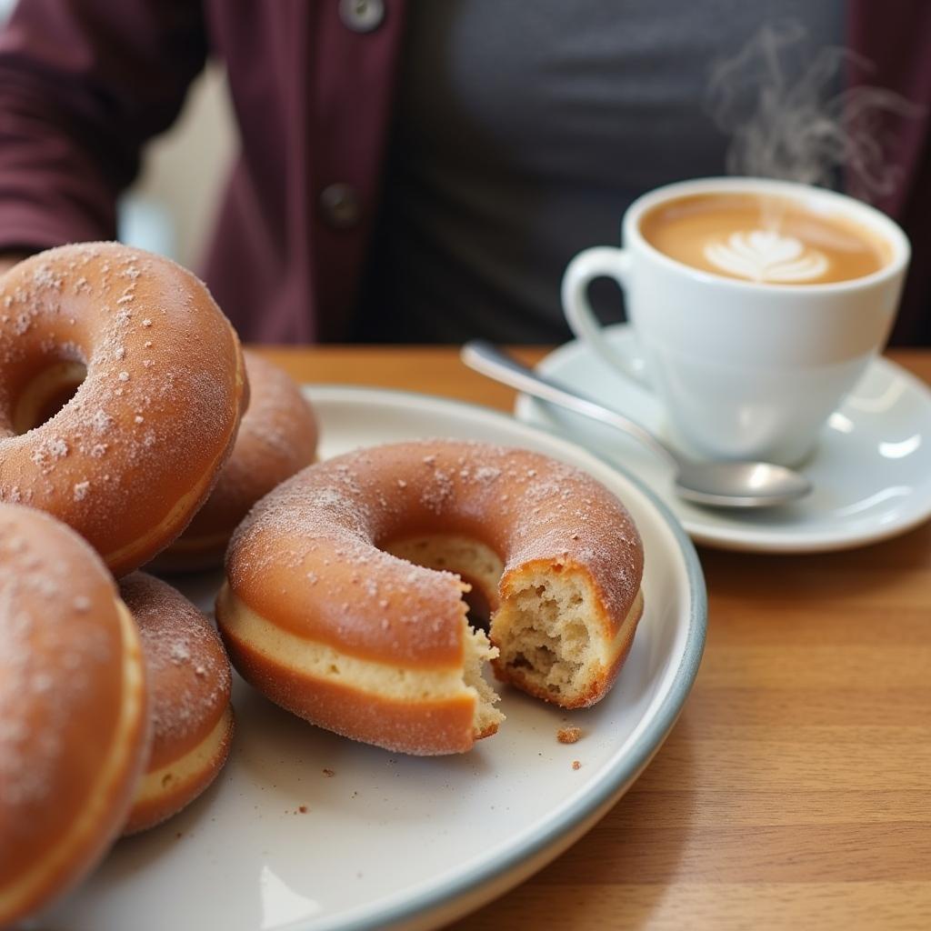 Person enjoying a gluten-free donut with a cup of coffee.