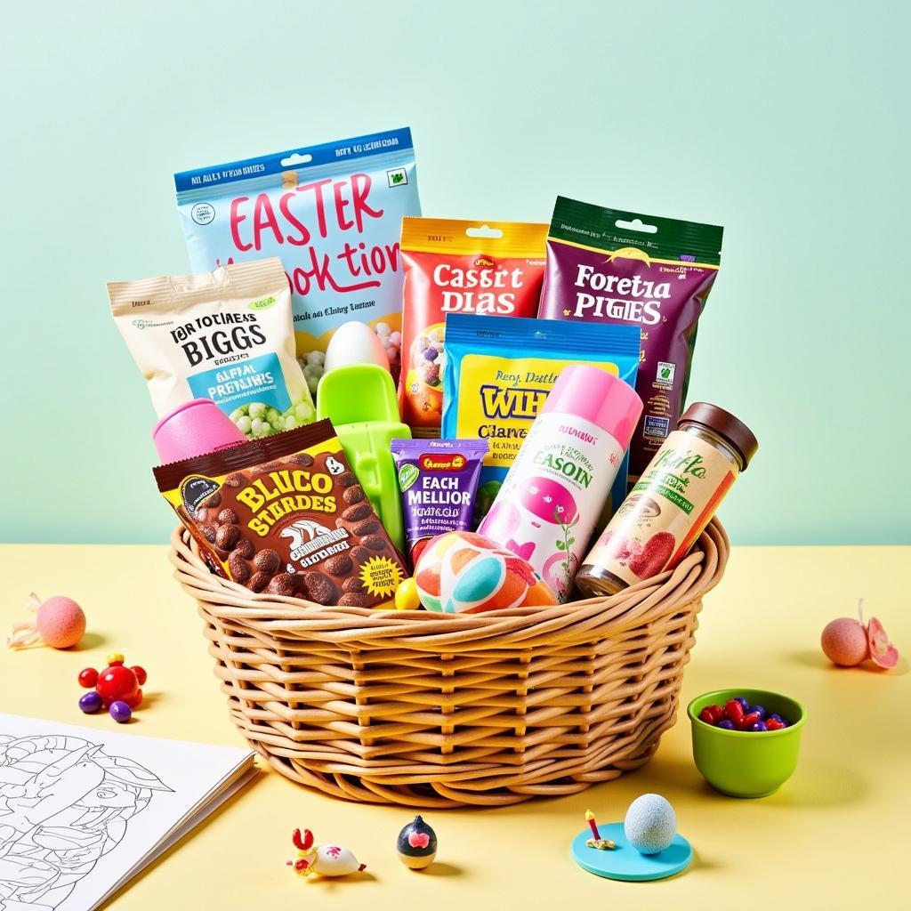 Gluten-free Easter basket filled with various treats and non-food items