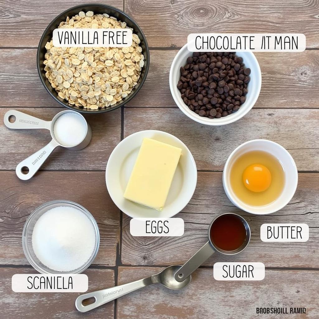 Ingredients for gluten free oatmeal chocolate chip bars laid out on a table.  The ingredients include gluten-free oats, chocolate chips, eggs, and other baking essentials.