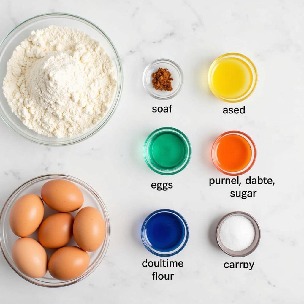 Various ingredients for gluten-free rainbow cookies, including gluten-free flour, eggs, sugar, and food coloring.