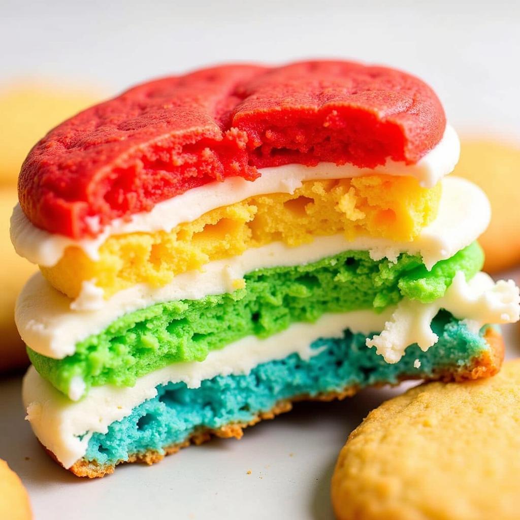 Gluten-free rainbow cookies with distinct red, green, and white layers, ready to be sliced and served.