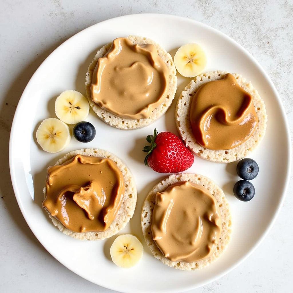 Gluten-free rice cakes topped with nut butter for a kid-friendly beach snack.