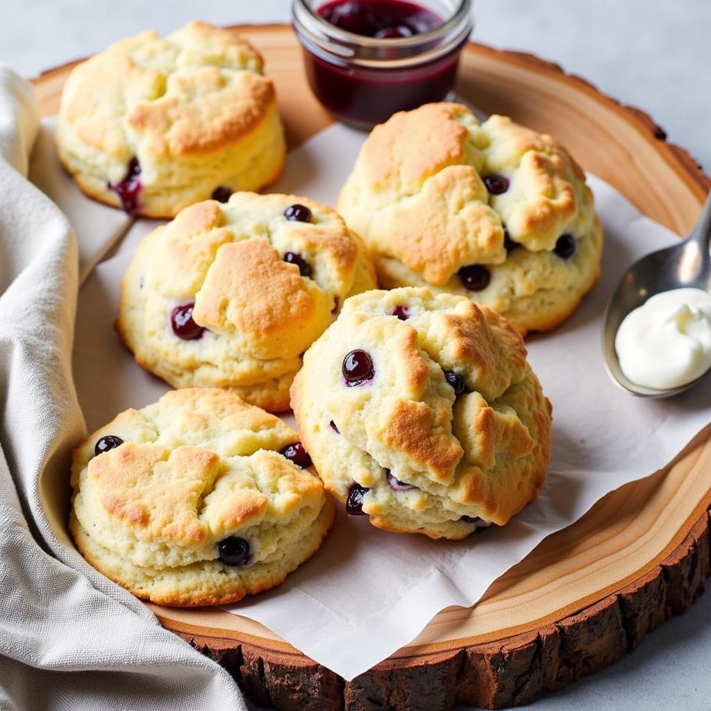 A variety of gluten-free scones on a wooden board.