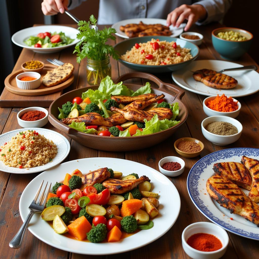 A table spread of delicious gluten-free dishes seasoned with various spice mixes, including roasted vegetables, grilled chicken, and a vibrant salad.