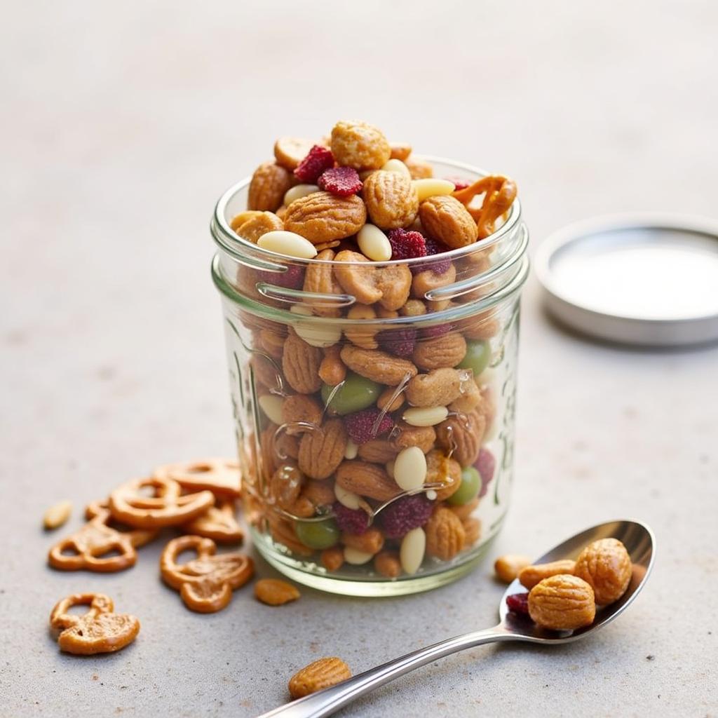 A jar of homemade gluten-free trail mix for a beach snack.