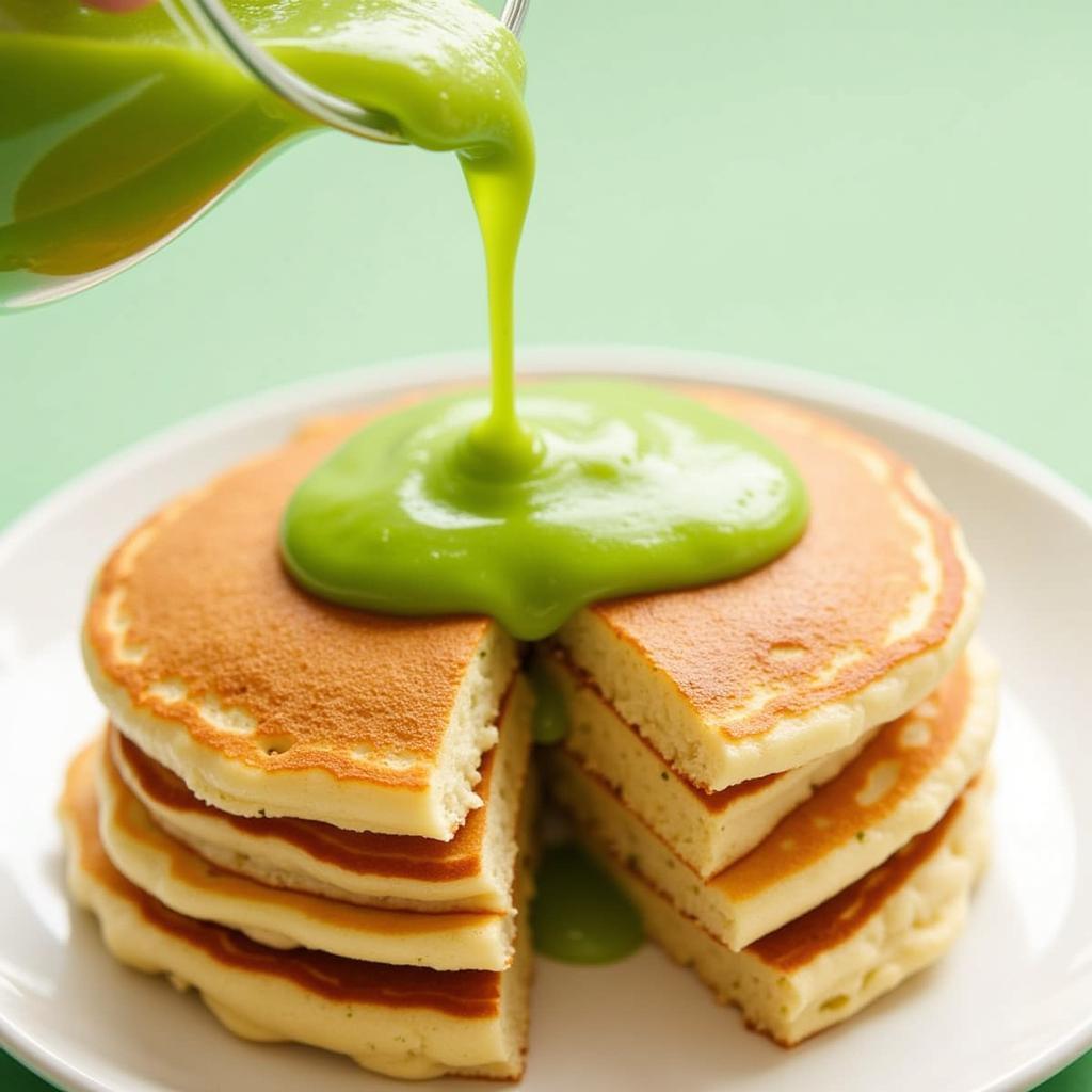 Pouring Green Apple Sugar Free Syrup on Pancakes