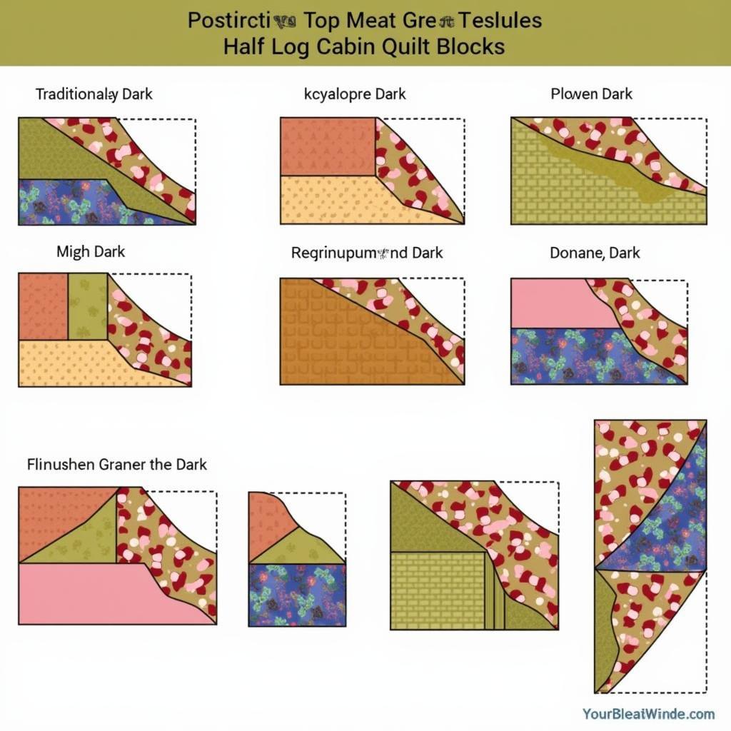 Variety of Half Log Cabin Quilt Blocks in Different Colors and Arrangements