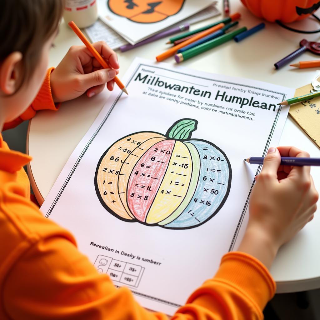 A child completing a Halloween-themed multiplication color by number worksheet