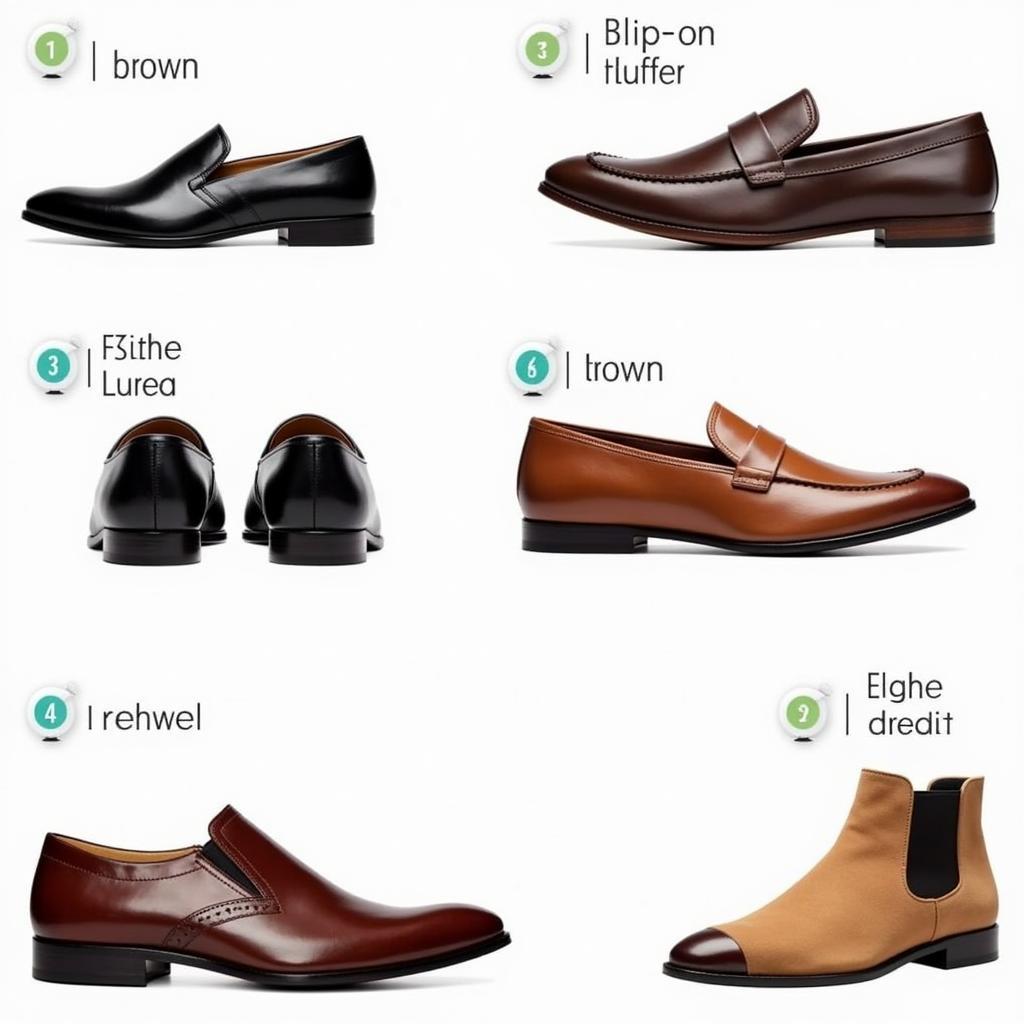 Men's hands-free dress shoes in different styles and colors.