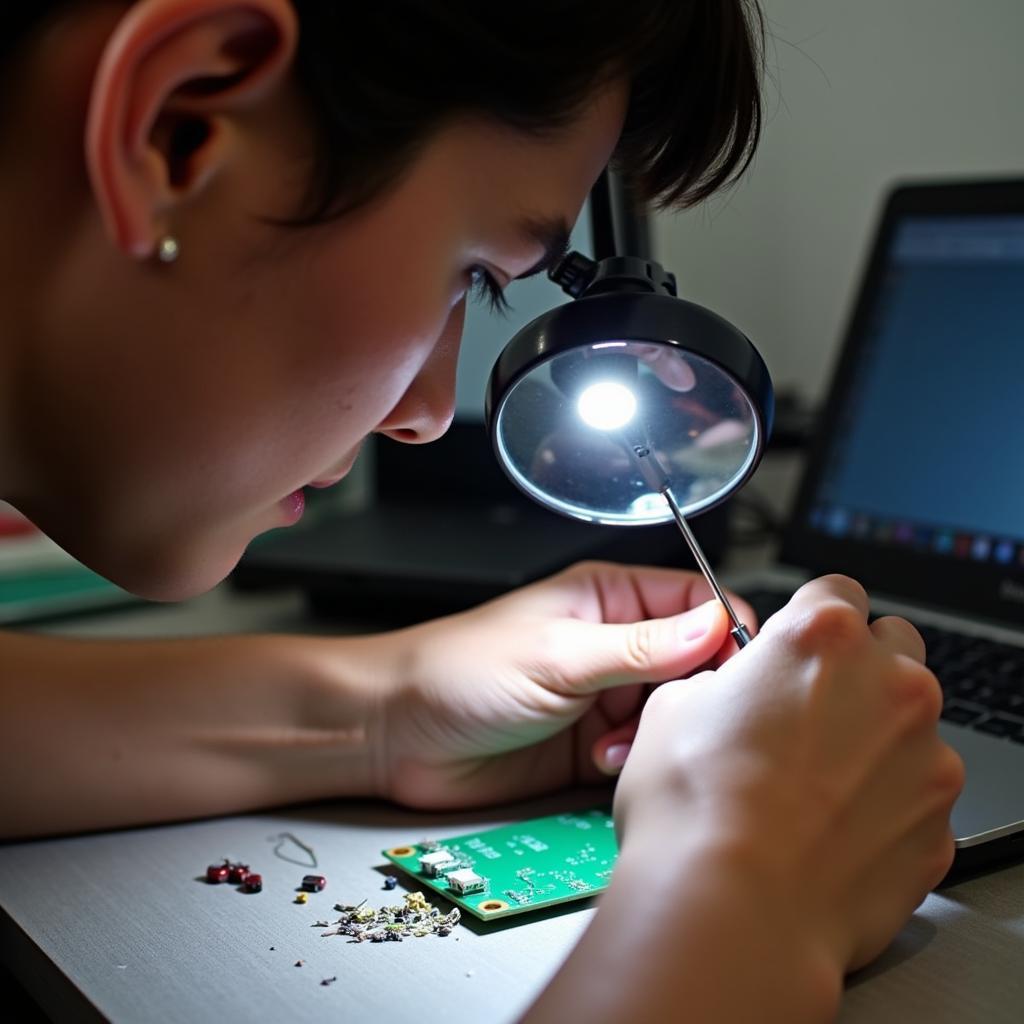 Person using a hands-free magnifying glass with light for detailed work