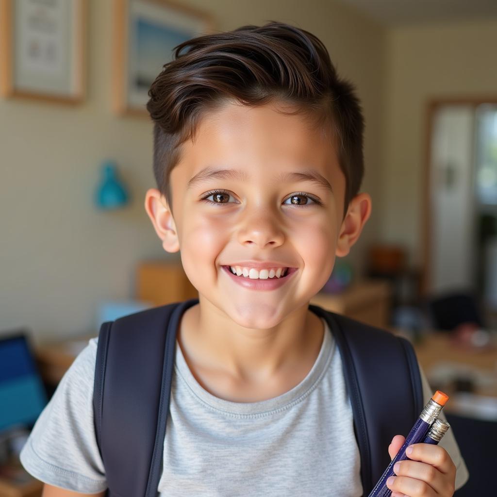 A young child smiling with their new haircut, ready for back to school.