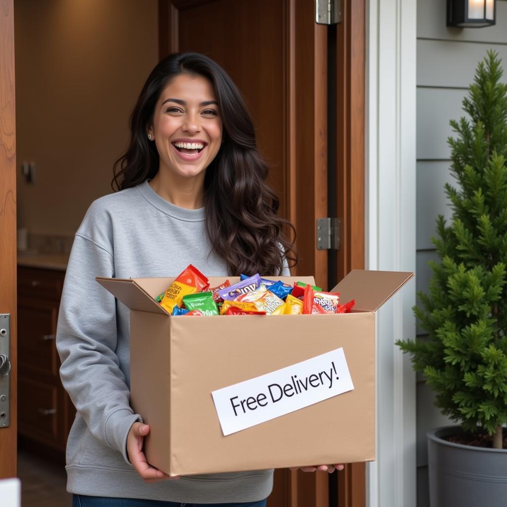 Happy Customer Receiving Free Delivery Candy