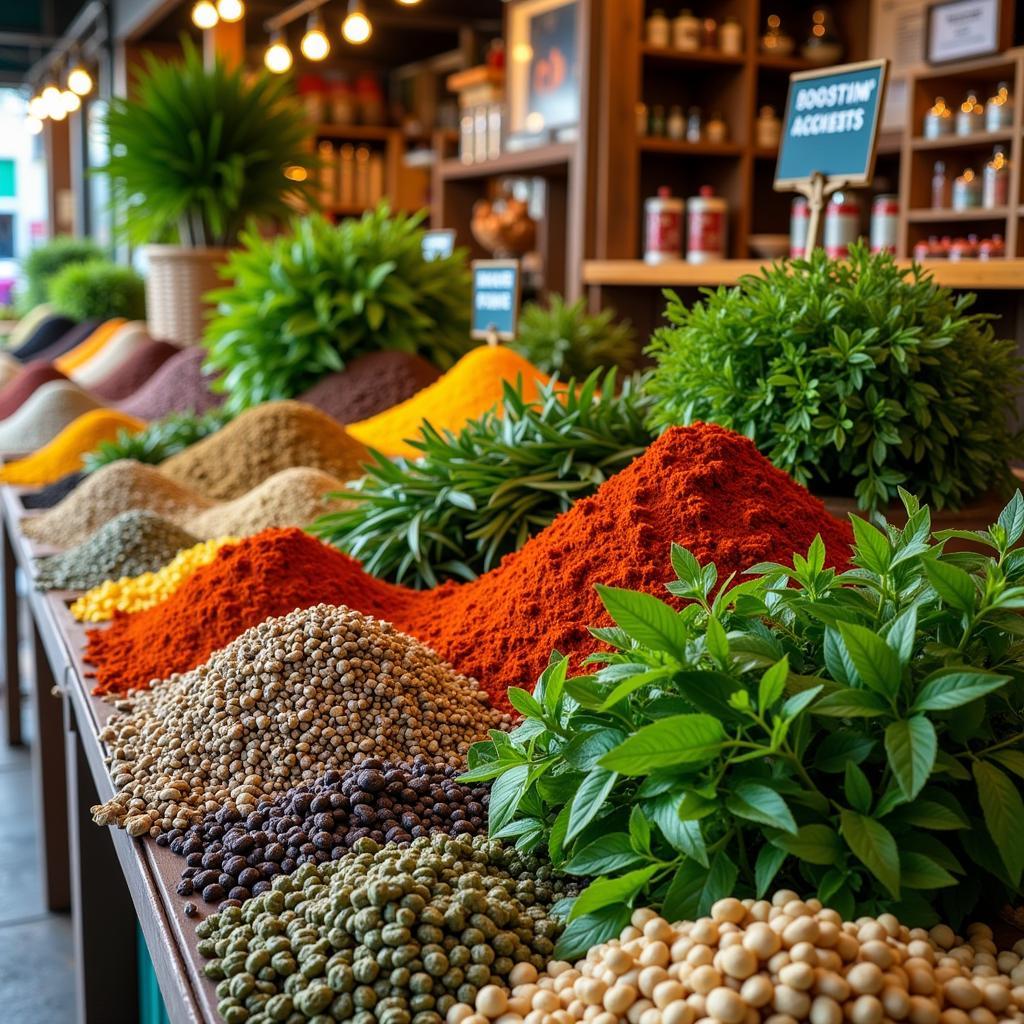 Fresh herbs and spices on display in a bustling market.