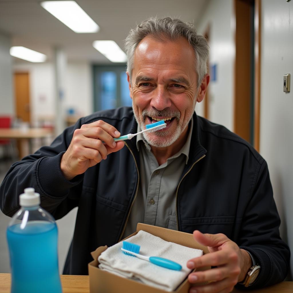 Homeless Man Using Hygiene Kit in Shelter