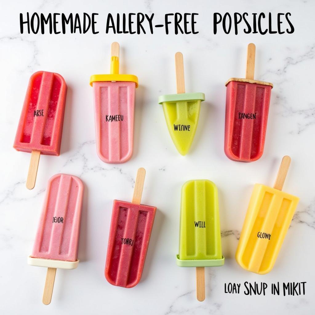 Assorted homemade allergy-free popsicles in various flavors.