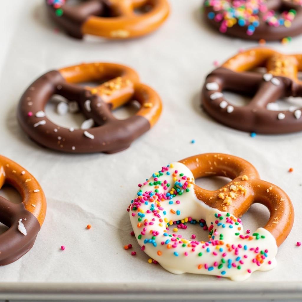 Homemade gluten-free chocolate pretzels dipped in various chocolates.